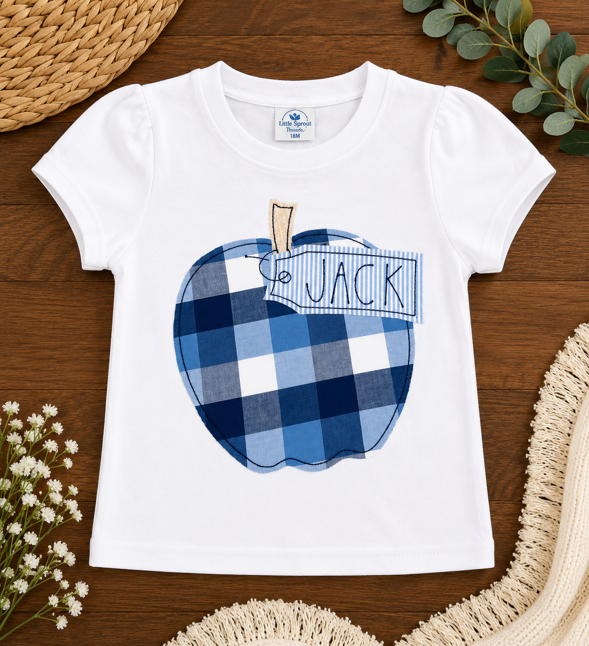 Boys' Puff Sleeve Tee – Plaid Apple Name Tag Appliqué