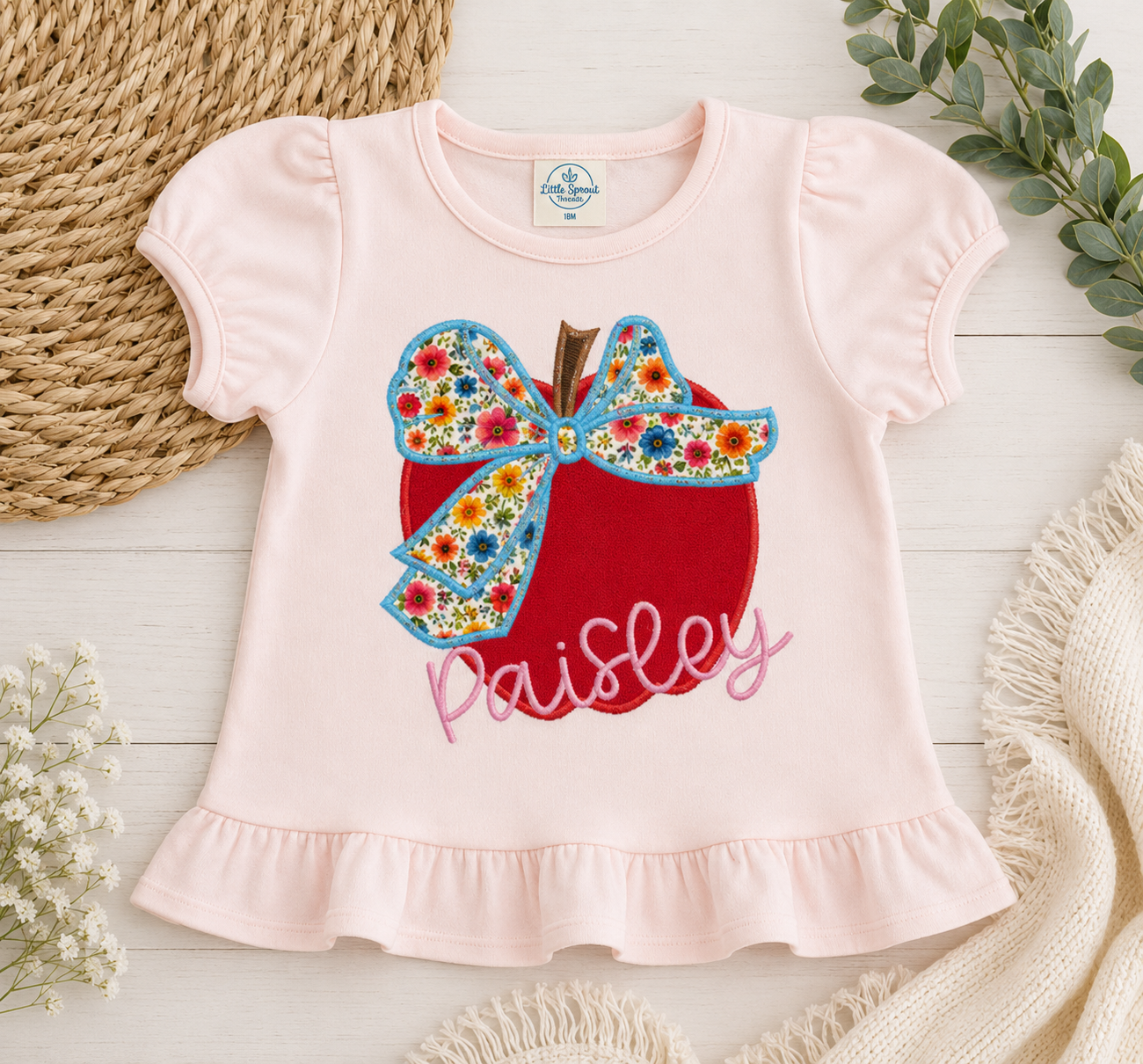 Girls' Ruffle Tee – Apple with Bow Appliqué
