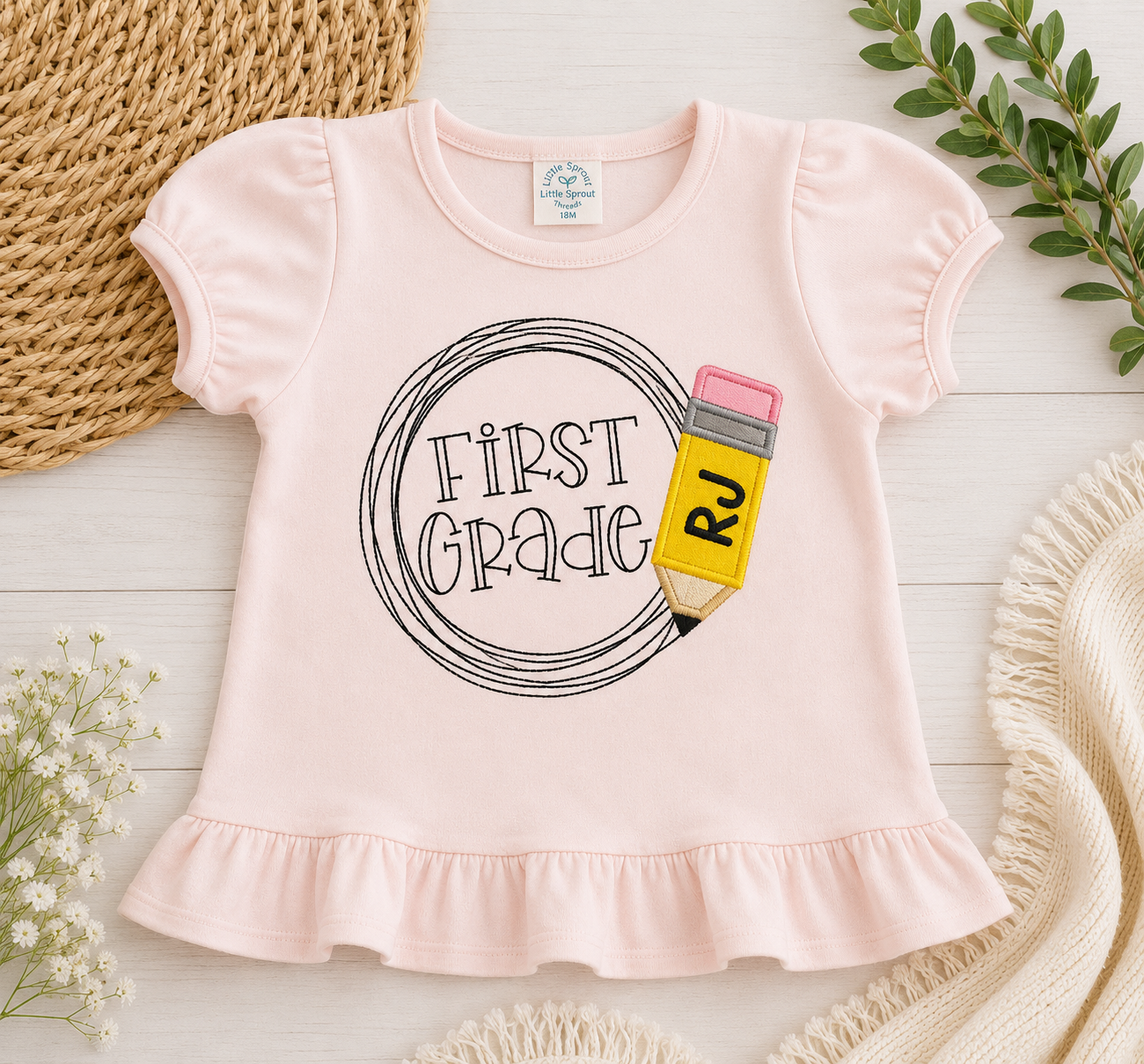 Girls' Ruffle Tee – Grade Level Pencil Appliqué