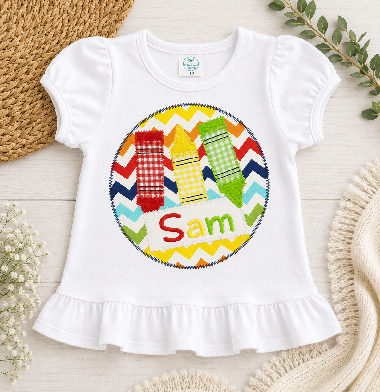 Girls' Ruffle Tee – Crayon Trio Appliqué
