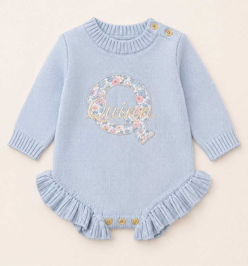 Personalized Applique Knit Ruffle Romper