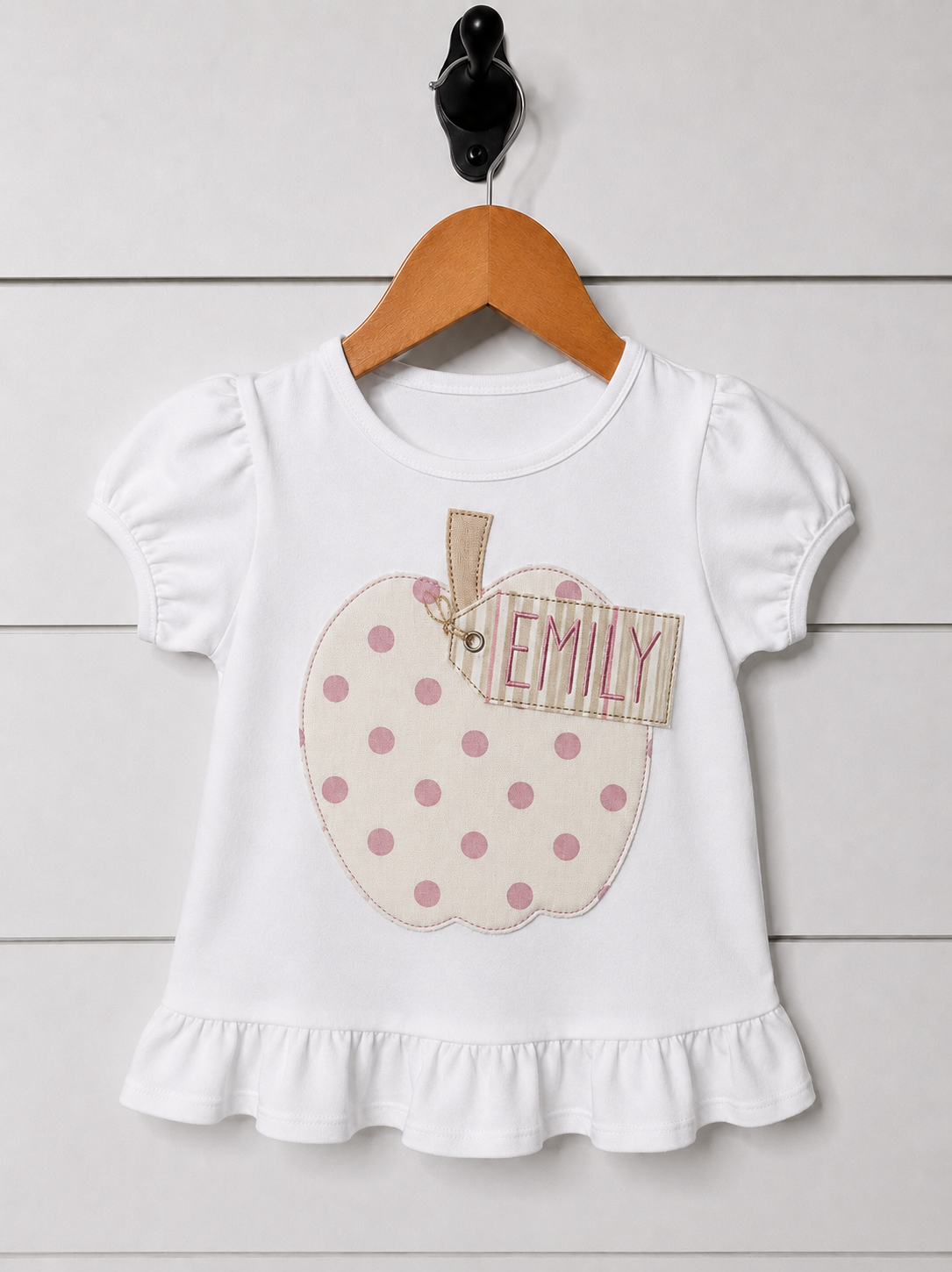 Girls' Puff Sleeve Tee – Plaid Apple Name Tag Appliqué