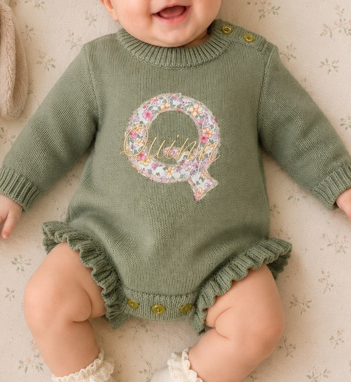 Personalized Applique Knit Ruffle Romper