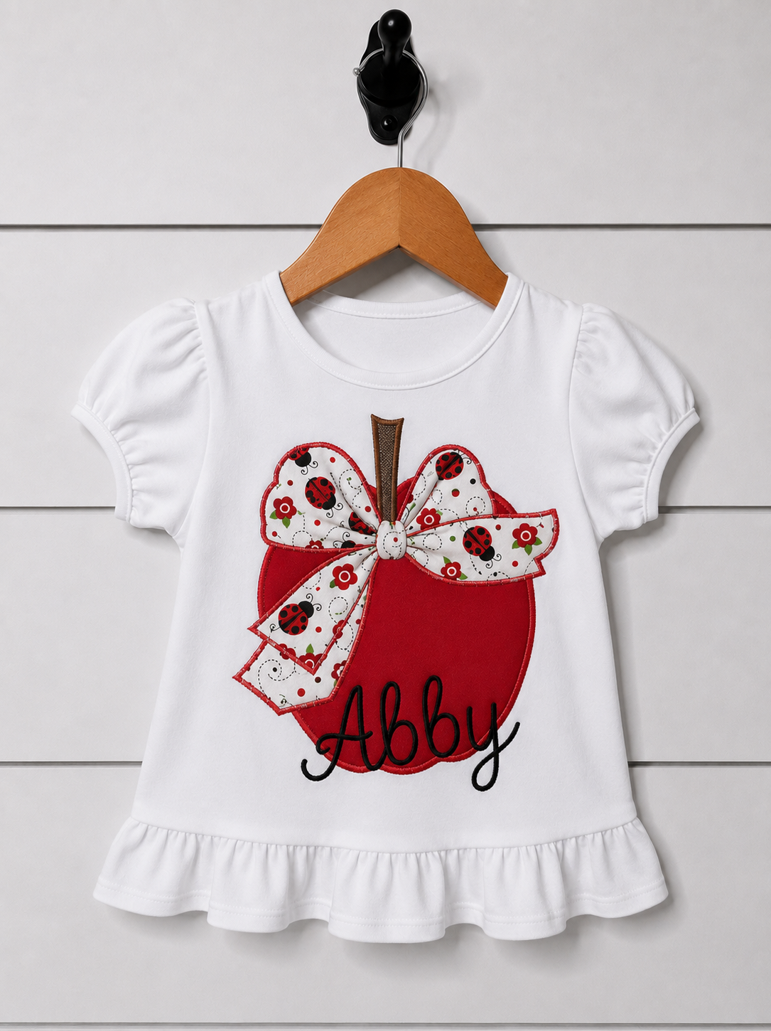 Girls' Ruffle Tee – Apple with Bow Appliqué