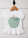 Girls' Puff Sleeve Tee – Plaid Apple Name Tag Appliqué