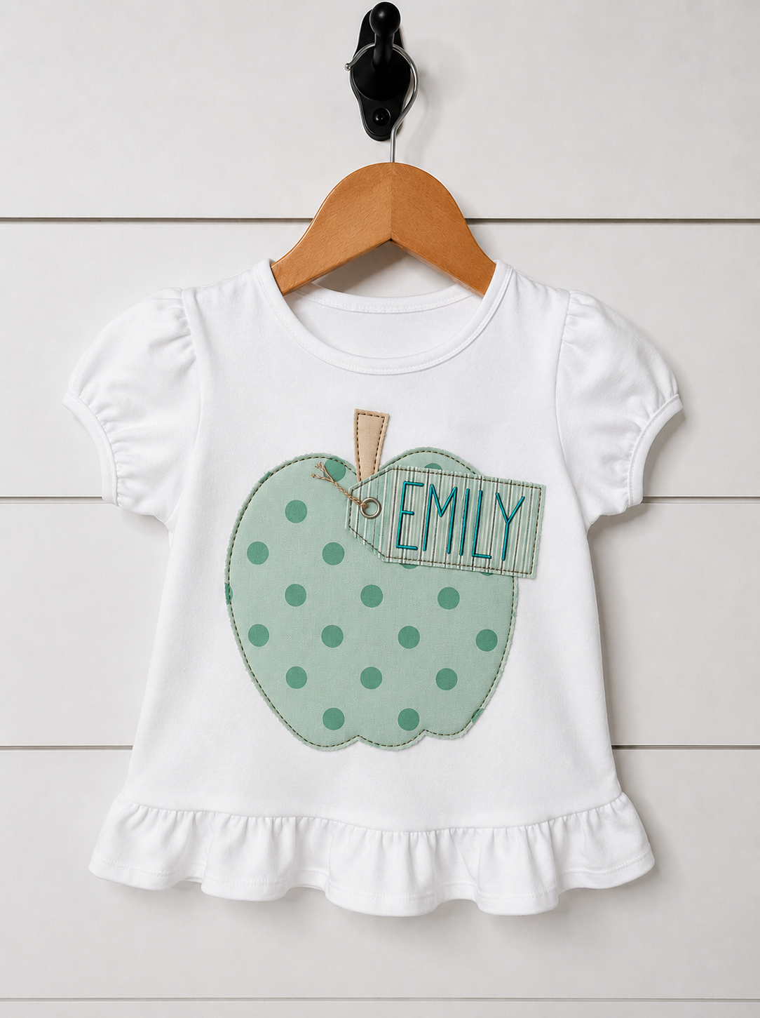 Girls' Puff Sleeve Tee – Plaid Apple Name Tag Appliqué