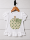 Girls' Puff Sleeve Tee – Plaid Apple Name Tag Appliqué