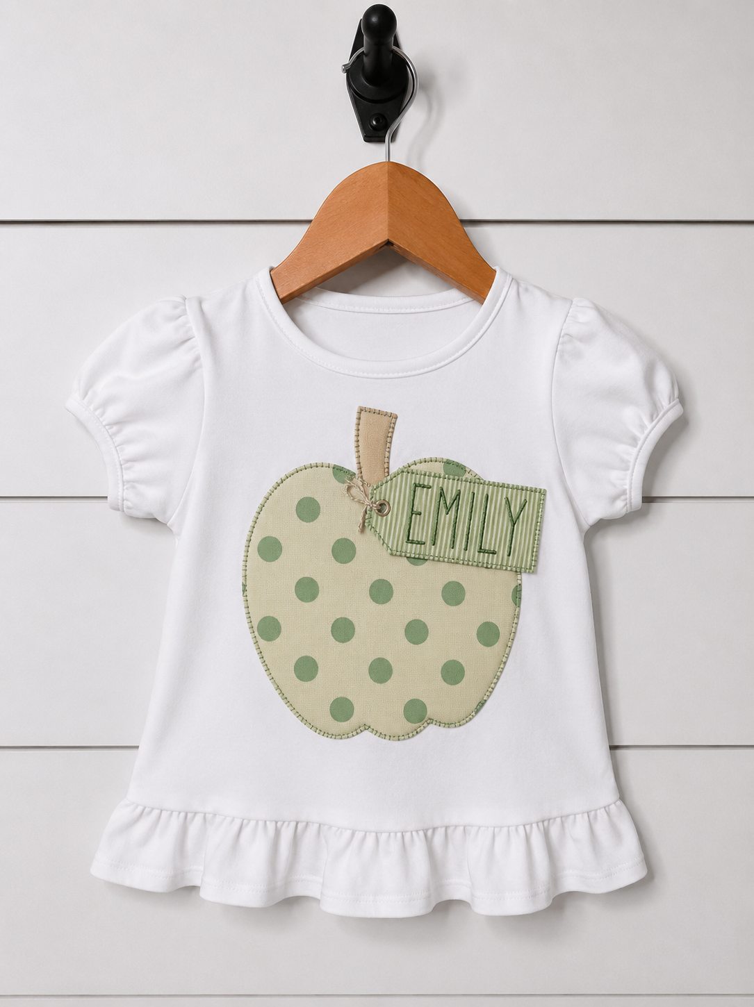 Girls' Puff Sleeve Tee – Plaid Apple Name Tag Appliqué