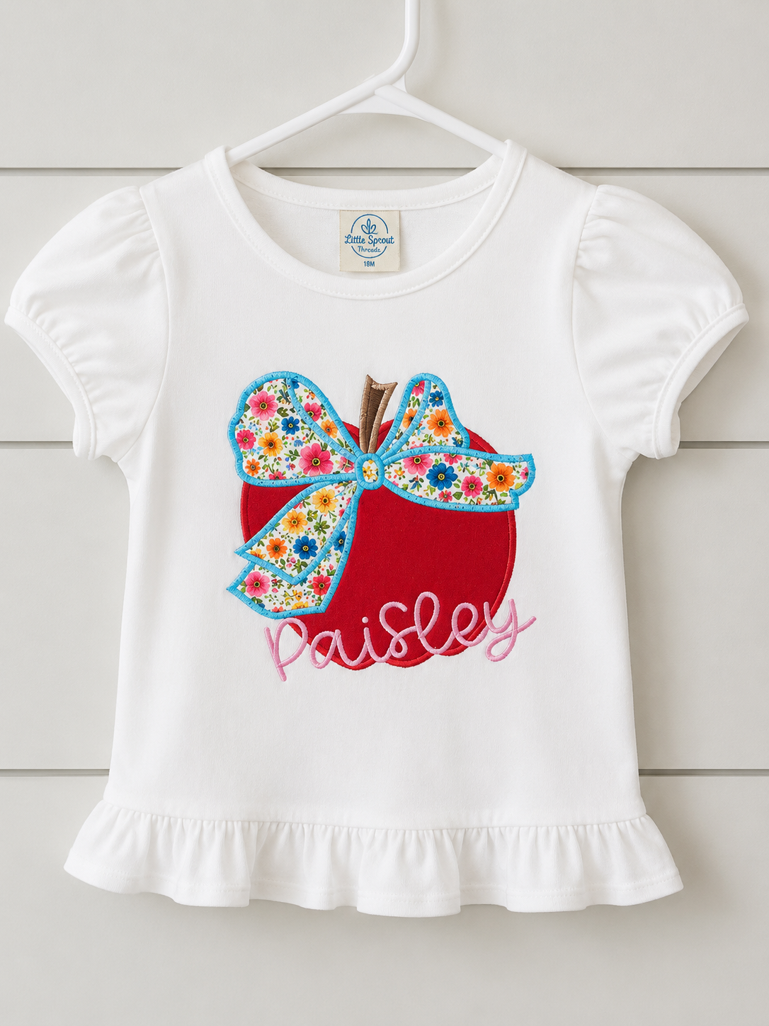 Girls' Ruffle Tee – Apple with Bow Appliqué